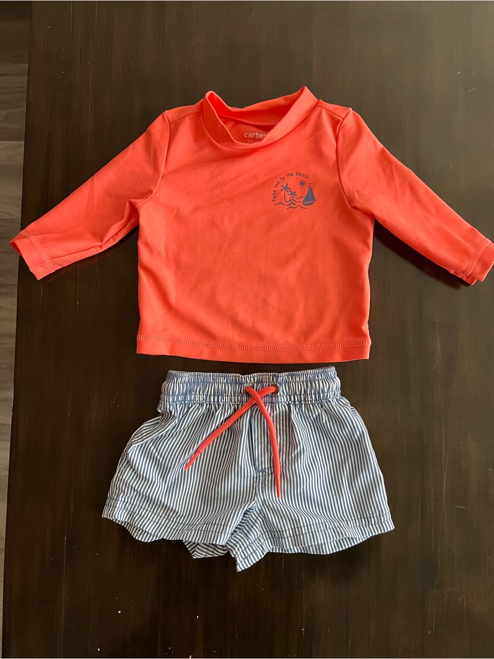 Carter's Coral Long-Sleeve Rashguard with Blue-White Striped Swim Shorts